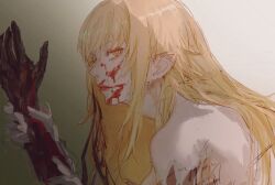 Rule 34 | . (kometto333), 1girl, bare shoulders, blonde hair, blood, blood on face, closed mouth, dress, from side, highres, holding limb, holding own arm, kiss-shot acerola-orion heart-under-blade, long hair, looking at viewer, looking to the side, monogatari (series), oshino shinobu, pointy ears, solo, strapless, strapless dress, upper body, vampire, yellow eyes