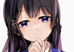 Rule 34 | 1girl, black hair, close-up, finger to own chin, hair ornament, hairclip, head tilt, highres, looking at viewer, nijisanji, portrait, purple eyes, smile, solo, tate (donnguriumai), tsukino mito, tsukino mito (1st costume), virtual youtuber, white background