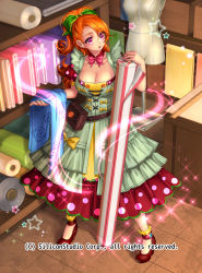Rule 34 | 1girl, apron, belt, bow, breasts, character request, cleavage, company name, curly hair, dress, full body, gyakushuu no fantasica, high heels, large breasts, long hair, official art, orange hair, pink eyes, ponytail, ryuki@maguro-ex, solo, sparkle, star (symbol)