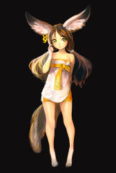 Rule 34 | 10s, 1girl, absurdres, animal ear fluff, animal ears, bare shoulders, barefoot, blade &amp; soul, brown hair, dicorndl, earrings, green eyes, highres, jewelry, long hair, lyn (blade &amp; soul), shorts, sketch, solo, tail, twintails