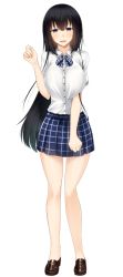 Rule 34 | 1girl, bare legs, black hair, blush, bow, breasts, clenched hands, collared shirt, eyebrows, feet, full body, kurasaki aya, large breasts, legs, long hair, looking at viewer, original, parted lips, plaid, plaid skirt, purple eyes, school uniform, shirt, shoes, short sleeves, simple background, skirt, smile, solo, standing, thighs, white background