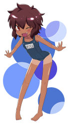 Rule 34 | 1girl, ;d, bad id, bad pixiv id, barefoot, blush, brown hair, child, dark skin, dark-skinned female, dokitto! bikini-pai, fang, female focus, flat chest, kariya suzume, leaning forward, mamiya subaru, name tag, one-piece swimsuit, one eye closed, open mouth, outstretched arms, pigeon-toed, school swimsuit, shorts tan, smile, solo, spread arms, swimsuit, tan, tanline