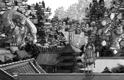 Rule 34 | 1girl, architecture, bad id, bad pixiv id, beads, buddhism, city, cityscape, east asian architecture, fuujin (mythology), greyscale, hat, highres, japanese clothes, katou fumitaka, long hair, looking at viewer, monk, monochrome, original, pagoda, prayer beads, raijin (mythology), rooftop, scenery, shakujou, solo, staff, statue, straw hat, surreal, tabi, twintails