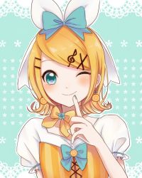 Rule 34 | 1girl, ai10 k00, aqua background, aqua bow, aqua bowtie, aqua eyes, aqua nails, blonde hair, blush, bow, bowtie, commentary, earrings, finger to mouth, food, food-themed earrings, food themed earrings, fortissimo, fruit, hair bow, hair ornament, hairclip, hand up, highres, index finger raised, jewelry, kagamine rin, lace background, looking at viewer, musical note, musical note hair ornament, nail polish, one eye closed, orange-shaped earrings, orange (fruit), orange bow, orange bowtie, orange shirt, puffy sleeves, shirt, short hair, short sleeves, smile, solo, swept bangs, treble clef, upper body, vocaloid, white bow, white shirt
