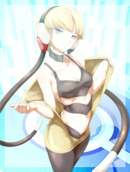 Rule 34 | 1girl, blonde hair, blue eyes, breasts, closed mouth, creatures (company), elesa (pokemon), game freak, gym leader, headphones, kous (onetwojustice), looking at viewer, navel, nintendo, pantyhose, pokemon, pokemon bw, short hair, solo, undressing