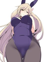 Rule 34 | 1girl, ;), alternate costume, amisu, animal ears, arms behind back, bare arms, bare shoulders, black pantyhose, blonde hair, blush, breasts, closed mouth, covered navel, cowboy shot, crotch, from below, heart, highleg, highleg leotard, large breasts, leotard, long hair, looking at viewer, looking down, one-hour drawing challenge, one eye closed, pantyhose, playboy bunny, rabbit ears, smile, solo, thigh gap, touhou, very long hair, watatsuki no toyohime, yellow eyes