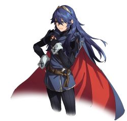 Rule 34 | 1girl, armor, belt, black gloves, black pants, black sweater, blue cape, blue eyes, blue hair, breastplate, cape, closed mouth, commentary, fingerless gloves, fire emblem, fire emblem awakening, gloves, hair between eyes, hair ornament, long hair, lucina (fire emblem), nintendo, original nasu, pants, red cape, ribbed sweater, shoulder armor, sidelocks, simple background, smile, solo, sweater, tiara, turtleneck, turtleneck sweater, two-tone cape, upper body, white background, wrist cuffs