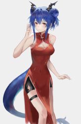 Rule 34 | 1girl, absurdres, arknights, bare arms, bare shoulders, black shorts, blue hair, breasts, ch&#039;en (ageless afterglow) (arknights), ch&#039;en (arknights), china dress, chinese clothes, cleavage, cleavage cutout, clothing cutout, double bun, dragon horns, dragon tail, dress, female focus, hair between eyes, hair bun, hand up, highres, horns, jenmin12, large breasts, looking at viewer, official alternate costume, red dress, red eyes, short hair, shorts, simple background, sleeveless, sleeveless dress, solo, standing, tail, thigh strap, thighs, white background