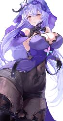 1girl black_gloves black_swan_(honkai:_star_rail) card covered_navel dress elbow_gloves gloves highres hisaka730387 holding holding_card honkai:_star_rail honkai_(series) navel purple_dress purple_gloves purple_hair purple_sleeves purple_veil simple_background solo veil white_background