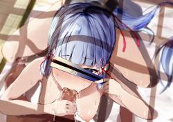 Rule 34 | 1boy, 1girl, absurdres, ayaka (genshin impact), blue eyes, blue hair, blunt bangs, blush, breasts, censored, covering own eyes, erection, fellatio, from above, genshin impact, hair ornament, hand fan, handjob, highres, medium breasts, mosaic censoring, motion lines, nipples, noe 8ban, nude, one eye covered, open mouth, oral, ponytail, pov, saliva, saliva trail, sidelocks
