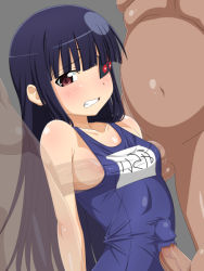 Rule 34 | 10s, 1girl, 3boys, blue hair, blush, breasts, censored, clenched teeth, eyepatch, fat, fat man, flat chest, invisible penis, loliconder, long hair, mirai (senran kagura), multiple boys, multiple penises, naizuri, name tag, one-piece swimsuit, paizuri, penis, penis to breast, penis under another&#039;s clothes, school swimsuit, senran kagura, small breasts, swimsuit, teeth