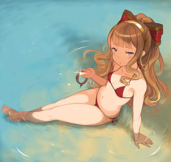 Rule 34 | 10s, 1girl, arm support, bad id, bad pixiv id, barefoot, bikini, blonde hair, blunt bangs, bow, breasts, cagliostro (granblue fantasy), gradient background, granblue fantasy, hair bow, hanarito, long hair, navel, partially submerged, purple eyes, red bikini, side-tie bikini bottom, sitting, small breasts, solo, sparkle, swimsuit, very long hair, vira (granblue fantasy), water