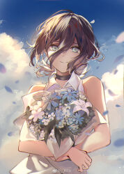 Rule 34 | 1girl, bare arms, black choker, blue eyes, blue flower, blue sky, bouquet, brown hair, chainsaw man, character request, choker, closed mouth, cloud, cloudy sky, collared shirt, commentary request, crossed arms, day, floating hair, flower, hair between eyes, highres, holding, holding bouquet, kita (kitairoha), lily (flower), long hair, looking at viewer, low ponytail, outdoors, petals, shirt, sky, sleeveless, sleeveless shirt, smile, solo, upper body, watermark, weibo logo, weibo watermark, white flower, white shirt