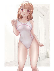 Rule 34 | 1girl, blunt bangs, breasts, cleavage, collarbone, commentary request, competition swimsuit, feet out of frame, highres, light brown hair, looking at viewer, mashinatsu, medium breasts, medium hair, one-piece swimsuit, original, red eyes, solo, standing, swimsuit, wet, wet clothes, wet swimsuit