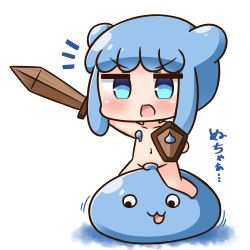 Rule 34 | 1girl, :3, :d, barefoot, blue eyes, blue hair, blush, chibi, collarbone, convenient censoring, double bun, full body, hair bun, half slime-chan, hana kazari, holding, holding shield, holding sword, holding weapon, long hair, monster girl, navel, nude, open mouth, original, outstretched arm, riding, shield, sidelocks, sitting, slime (substance), slime girl, smile, solo, sword, translated, v-shaped eyebrows, weapon, white background, wooden shield, wooden sword
