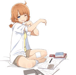 Rule 34 | 1girl, absurdres, ahoge, applying bandaid, assault lily, bandaged leg, bandages, bandaid, bandaid on arm, bandaid on cheek, bandaid on face, bandaid on leg, barefoot, bed sheet, blue eyes, book, braid, breasts, brown shorts, cellphone, commentary request, full body, futagawa fumi, gochisousama (tanin050), hands up, highres, indian style, long hair, looking at viewer, notebook, one eye closed, open book, open clothes, open mouth, open shirt, orange hair, pen, phone, shirt, short sleeves, shorts, simple background, single braid, sitting, small breasts, solo, tearing up, white background, white shirt, wince, yellow shirt