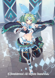 Rule 34 | 10s, 1girl, blue eyes, boots, bow, breasts, capelet, cardfight!! vanguard, cleavage, company name, dagger, full body, green hair, headband, knife, knight of ceremonies pil, long hair, looking at viewer, medium breasts, midriff, navel, official art, saitou takeo, sheath, smile, solo, standing, unsheathing, weapon