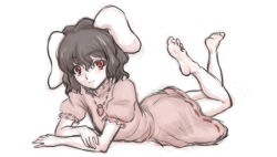 Rule 34 | 1girl, animal ears, barefoot, black hair, carrot, dress, feet, female focus, inaba tewi, jewelry, kuro suto sukii, legs, lying, on stomach, red eyes, short hair, sketch, smile, soles, solo, toes, touhou