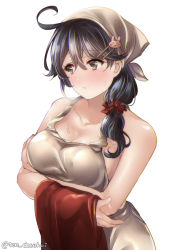 Rule 34 | 1girl, alternate costume, apron, black hair, blush, breasts, closed mouth, commentary request, grey hair, hair between eyes, hair ornament, hairclip, juurouta, kantai collection, large breasts, long hair, naked apron, ponytail, solo, sweat, sweatdrop, ushio (kancolle)