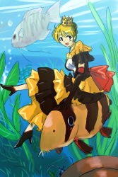 Rule 34 | 1girl, :d, animal, black gloves, blonde hair, blue eyes, blush, elbow gloves, fish, full body, gloves, high heels, looking at viewer, michael f91, open clothes, open mouth, original, plant, seaweed, short hair, smile, solo, submerged, underwater, water