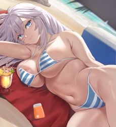 Rule 34 | 1girl, :3, beach, beach towel, beach umbrella, bikini, blue eyes, breasts, cleavage, closed mouth, cooler, day, glass, grey hair, hair between eyes, highres, ice, ice cube, large breasts, looking at viewer, lying, moisture (chichi), navel, ocean, on side, outdoors, smile, solo, stomach, striped bikini, striped clothes, swimsuit, towel, umbrella, underboob, vei (vtuber), vei (vtuber) (8th costume), virtual youtuber, vshojo