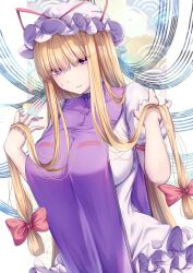 Rule 34 | blonde hair, bow, breasts, commentary request, dress, hair bow, hand in own hair, hat, hat ribbon, highres, large breasts, long hair, looking at viewer, mirufui, mob cap, purple eyes, red bow, red ribbon, ribbon, tabard, touhou, upper body, white dress, white hat, yakumo yukari