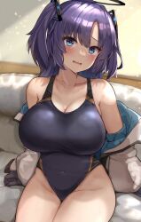 Rule 34 | 1girl, alternate breast size, black one-piece swimsuit, blue archive, breasts, competition swimsuit, couch, cowboy shot, halo, highres, jacket, kihou no gotoku dmc, large breasts, multicolored clothes, multicolored jacket, one-piece swimsuit, open clothes, open jacket, parted bangs, purple eyes, purple hair, sidelocks, sitting, solo, swimsuit, two-tone jacket, two side up, white jacket, yuuka (blue archive)