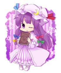 Rule 34 | 1girl, book, crescent, female focus, full body, hat, highres, long hair, one eye closed, open mouth, patchouli knowledge, purple eyes, purple hair, solo, touhou, transparent background, wink, yamabuki (yusuraume)