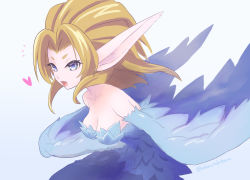 Rule 34 | 1girl, bare shoulders, blonde hair, blue eyes, blue feathers, blue wings, breasts, commentary request, fangs, feathers, harpy, heart, highres, koharutokoharu, large ears, long hair, medium breasts, monster girl, open mouth, pointy ears, seiken densetsu, seiken densetsu 3, simple background, solo, twitter username, white background, winged arms, wings