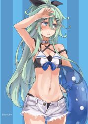 Rule 34 | 1girl, bikini, black bikini, black ribbon, blue background, breasts, cleavage, commentary request, cowboy shot, cutoffs, denim, denim shorts, green eyes, green hair, hair between eyes, hair ornament, hair ribbon, hairclip, highres, innertube, kantai collection, long hair, looking to the side, medium breasts, open fly, parted bangs, ponytail, ribbon, short shorts, shorts, sidelocks, solo, striped, striped background, sugue tettou, swim ring, swimsuit, yamakaze (kancolle)
