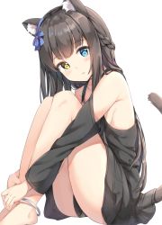 Rule 34 | animal ear fluff, animal ears, anklet, bare legs, bare shoulders, barefoot, black dress, blue eyes, blush, braid, breasts, brown hair, cat ears, cat girl, cat tail, clothes between thighs, detached sleeves, dress, french braid, from side, hair ribbon, heterochromia, jewelry, keiran (ryo170), knees up, long hair, looking at viewer, original, own hands together, parted lips, purple ribbon, ribbon, sideboob, simple background, sitting, small breasts, solo, tail, very long hair, white background, yellow eyes