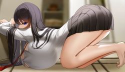 Rule 34 | 1girl, absurdres, all fours, ass, black hair, blue eyes, breast press, breasts, from side, highres, huge breasts, nicorima, original, skirt, top-down bottom-up