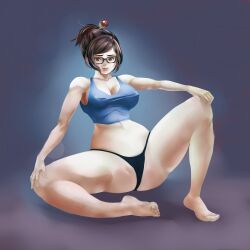 Rule 34 | 1girl, artist request, ass, bare shoulders, barefoot, black panties, blue shirt, breasts, brown eyes, brown hair, from behind, full body, hair bun, hair ornament, highres, huge ass, large breasts, lips, looking at viewer, mei (overwatch), micro panties, overwatch, panties, parted lips, plump, shirt, sideboob, single hair bun, smile, solo, spread legs, standing, striped clothes, striped panties, tank top, thong, underwear, underwear only