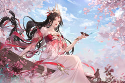 Rule 34 | 1girl, bare shoulders, blue sky, bottle, brown hair, cherry blossoms, chinese clothes, cloud, cup, falling petals, from below, highres, holding, holding cup, long hair, open mouth, original, outdoors, petals, rabbit, shenqi tu tou a xiaoxiao, sitting, sky, solo