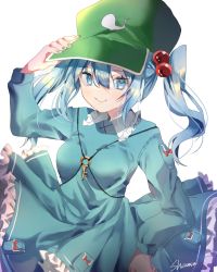 Rule 34 | 1girl, arm up, artist name, blue dress, blue eyes, blue hair, blush, breasts, commentary request, dress, eyelashes, fingernails, frilled dress, frilled shirt collar, frills, green headwear, grey nails, hand on headwear, highres, kawashiro nitori, key, large breasts, long sleeves, looking at viewer, nail polish, pocket, shiromoru (yozakura rety), sidelocks, signature, simple background, smile, solo, string, touhou, two side up, white background