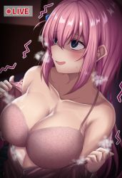 Rule 34 | 1girl, @ @, alternate breast size, blue eyes, blush, bocchi the rock!, bra, breasts, cleavage, collarbone, cube hair ornament, frown, gotoh hitori, hair ornament, highres, large breasts, linea alba, livestream, long hair, nervous, pink bra, pink hair, shiki (catbox230123), solo, sweatdrop, trembling, underwear