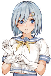 Rule 34 | 1girl, adjusting clothes, adjusting gloves, blue eyes, blush, breasts, fumikiri, gloves, grey hair, grey sailor collar, grey skirt, hair ornament, hairclip, hamakaze (kancolle), highres, kantai collection, large breasts, looking at viewer, neckerchief, sailor collar, school uniform, serafuku, short hair, short sleeves, simple background, skirt, smile, solo, upper body, white background, white gloves, yellow neckerchief