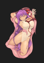 Rule 34 | 1girl, absurdres, anger vein, annoyed, bb (fate), bb (fate) (all), bb (fate/extra), bb (swimsuit mooncancer) (fate), breasts, collared leotard, fate/extra, fate/extra ccc, fate/grand order, fate (series), gloves, highleg, highleg leotard, highres, inside creature, large breasts, leotard, long hair, neck ribbon, popped collar, purple eyes, purple hair, red ribbon, restrained, ribbon, rou (rou22), solo, tentacles, trapped, white gloves, white leotard