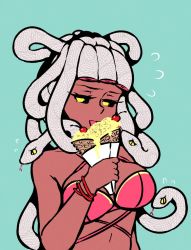 Rule 34 | 1girl, akairiot, aqua background, bikini, bikini top only, black eyes, blunt bangs, breasts, cherry, colored sclera, commentary, dark-skinned female, dark skin, eating, flat color, food, fruit, ice cream, ice cream cone, licking, living hair, looking to the side, medium breasts, original, simple background, snake, snake hair, solo, swimsuit, tongue, tongue out, upper body, yellow sclera