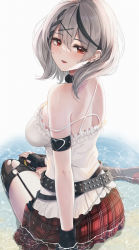 Rule 34 | 1girl, absurdres, arm strap, bare shoulders, black gloves, black hair, blush, breasts, ear piercing, fingerless gloves, frilled shirt, frills, from behind, garter straps, gloves, grey hair, hair between eyes, hair ornament, highres, hololive, large breasts, looking at viewer, looking back, miniskirt, multicolored hair, nail polish, piercing, plaid, plaid skirt, red eyes, red nails, red skirt, sakamata chloe, shirt, skirt, solo, spaghetti strap, streaked hair, thighhighs, torn clothes, torn thighhighs, virtual youtuber, water, white shirt, x hair ornament, yamikyon