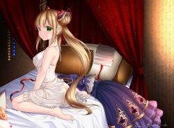 Rule 34 | 1girl, alternate breast size, arched back, bad id, bad pixiv id, bare arms, bare shoulders, barefoot, beads, bed, bedroom, blonde hair, blurry, breasts, canopy bed, chemise, collarbone, commentary request, crystal, depth of field, double bun, dress, unworn dress, frills, from side, full body, gem, gothic lolita, green eyes, hair bun, hair ornament, highres, indoors, light particles, lolita fashion, long hair, looking at viewer, looking to the side, luna (shadowverse), medium breasts, nightgown, parted lips, pillow, print pillow, puffy short sleeves, puffy sleeves, purple dress, red ribbon, ribbon, shadowverse, short sleeves, sidelocks, signature, sitting, solo, stuffed animal, stuffed toy, sweat, twintails, twitter username, very long hair, wallpaper (object), wariza, yuitanpo
