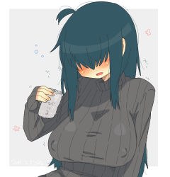 Rule 34 | 1girl, ahoge, blue hair, blush, breasts, can, drink, female focus, hair over eyes, huge breasts, muroku (aimichiyo0526), ribbed sweater, solo, sweater, turtleneck, upper body