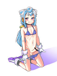 Rule 34 | 1boy, bar censor, bare arms, bare shoulders, bikini, bikini pull, blue bikini, blue eyes, blue hair, blush, censored, closed mouth, clothes pull, collarbone, erection, foreskin, full body, gloves, hacka doll, hacka doll 3, heart, heart-shaped pupils, highres, kneeling, long hair, male focus, navel, penis, phimosis, pointless censoring, ribs, simple background, solo, stomach, swimsuit, symbol-shaped pupils, testicles, tongue, tongue out, trap, unmaker, v-shaped eyebrows, white background, white gloves