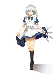 Rule 34 | 1girl, apron, bad id, bad pixiv id, blight essence, boots, braid, dress, embodiment of scarlet devil, female focus, frills, full body, izayoi sakuya, knee boots, knife, maid, maid apron, maid headdress, red eyes, shadow, silver hair, simple background, single braid, solo, standing, throwing knife, touhou, weapon, white background
