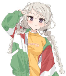 Rule 34 | 1girl, :3, alternate costume, alternate hairstyle, black ribbon, blush, braid, breasts, clothes writing, conte di cavour (kancolle), grey hair, hair ribbon, highres, italian flag print, jacket, junes, kantai collection, long hair, long sleeves, looking at viewer, off shoulder, open clothes, open jacket, orange shirt, purple eyes, ribbon, shirt, simple background, solo, twin braids, upper body, v, very long hair, white background