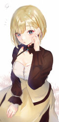 Rule 34 | 1girl, absurdres, blonde hair, blue gemstone, blush, breasts, brown jacket, ceres (shuuen no virche), cleavage, gem, green eyes, hand on own leg, highres, jacket, jewelry, looking at viewer, medium breasts, necklace, open mouth, shirt, short hair, shuuen no virche, skirt, solo, sui03, teeth, white background, white shirt, yellow skirt