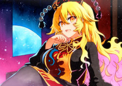 Rule 34 | 1girl, :d, arm support, blonde hair, breasts, gold trim, hair between eyes, hand up, highres, junko (touhou), large breasts, light particles, long hair, long sleeves, looking at viewer, open mouth, orange eyes, qqqrinkappp, smile, solo, tabard, touhou, upper body, wide sleeves
