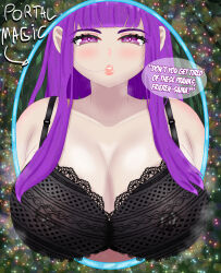 Rule 34 | 1girl, arrow (symbol), black bra, blunt bangs, blush, bra, bra strap, breast milk, breasts, cleavage, collarbone, disappointed, disheveled, eddarxart, english text, facing viewer, fern (sousou no frieren), frieren, hair between eyes, hair in own mouth, highres, lace, lace-trimmed bra, lace bra, lace trim, lactation, lactation through clothes, large breasts, lip gloss, long hair, looking at viewer, magic, nose, portal (object), purple eyes, purple hair, sousou no frieren, speech bubble, stained clothes, stained underwear, stray hair, talking, talking, tired eyes, underwear, underwear only, wizard