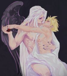 Rule 34 | 2boys, abs, arashishadow15, arm around back, arms around neck, arms up, bed sheet, black background, black nails, black wings, blonde hair, closed eyes, cloud strife, commentary, couple, covering privates, earrings, feathered wings, final fantasy, final fantasy vii, final fantasy vii rebirth, final fantasy vii remake, hand up, hashtag only commentary, head back, highres, holding hands, holding orb, hug, jewelry, light smile, long bangs, long hair, looking at another, looking down, male focus, materia, multiple boys, muscular, muscular male, nail polish, naked sheet, nipples, nude, nude cover, orb, parted bangs, parted lips, sephiroth, short hair, single wing, sitting, spiked hair, stud earrings, upper body, very long hair, white hair, wings, yaoi