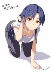 Rule 34 | 1girl, adjusting hair, all fours, arm support, artist name, black pants, blue hair, blush, bra, breasts, closed mouth, collarbone, downblouse, extended downblouse, eyebrows, full body, idolmaster, idolmaster (classic), inue shinsuke, kisaragi chihaya, long hair, looking at viewer, musical note, nipple slip, nipples, pants, pink bra, quaver, shirt, shoes, short sleeves, sidelocks, simple background, small breasts, sneakers, solo, track pants, translated, tsurime, underwear, wardrobe malfunction, white background, white footwear, white shirt, yellow eyes